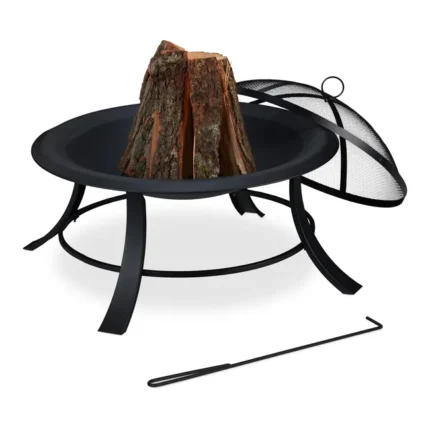 Relaxdays Brasero Exterior con Protector Antichispas, Cuenco Fuego Jardín y Terraza, Atizador, Redondo, Ø 75 cm, Negro